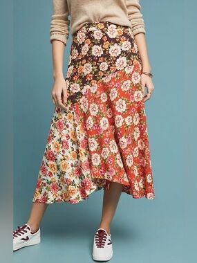 FARM RIO for Anthropologie Floral Patchwork Midi Skirt - Red, Brown, Cream, XS